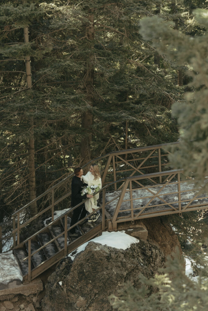 Bride and Groom crossing a snowy bridge to get to Treasure Falls 