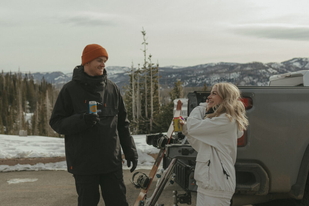 Bride and Groom getting ready to go ski on their elopement day