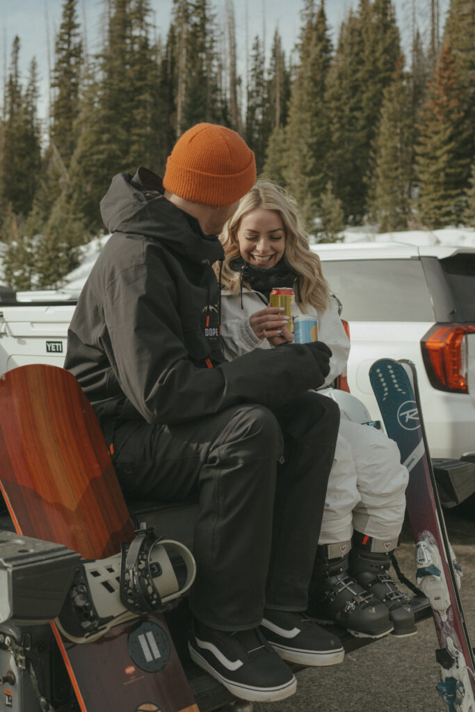 Bride and Groom drinking Twisted Tea and High Noon at the base of Wolf Creek Ski Area