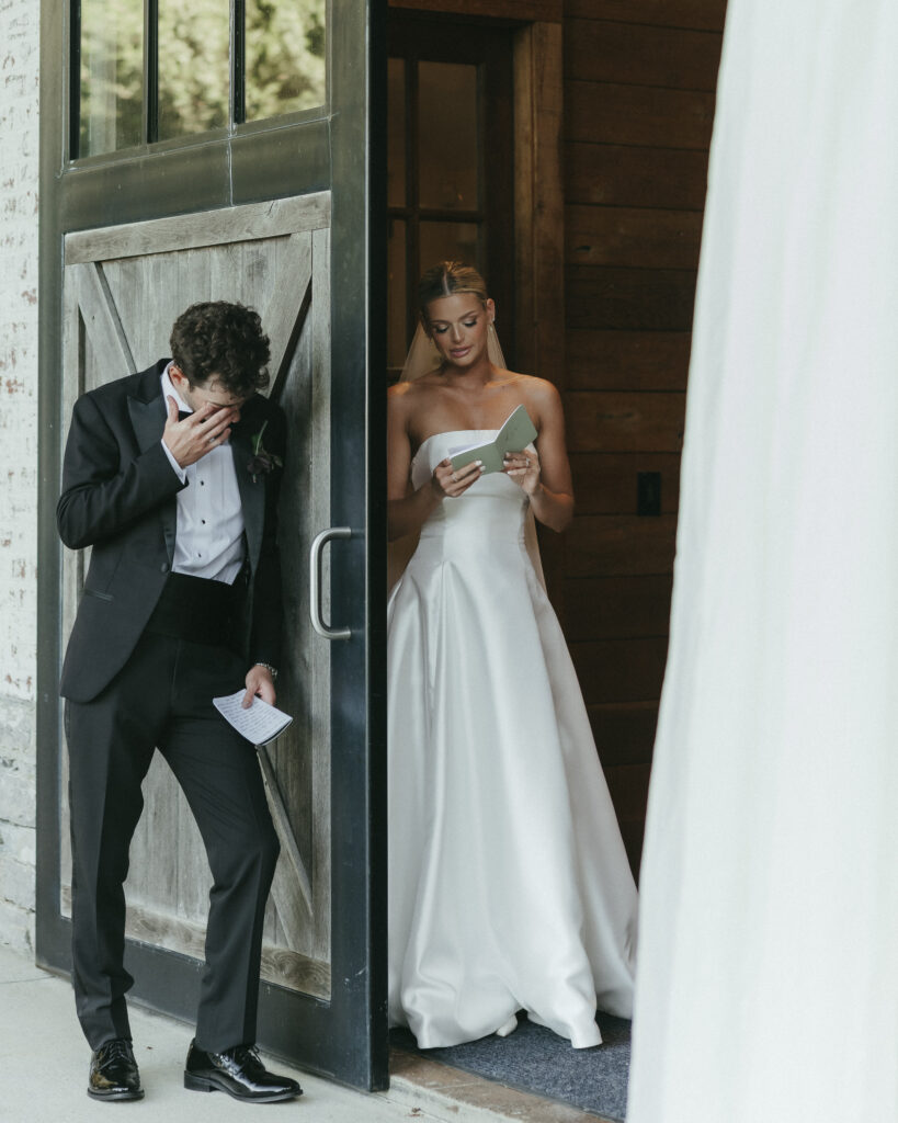 Groom reacting emotionally while reading letter before wedding ceremony in Franklin TN