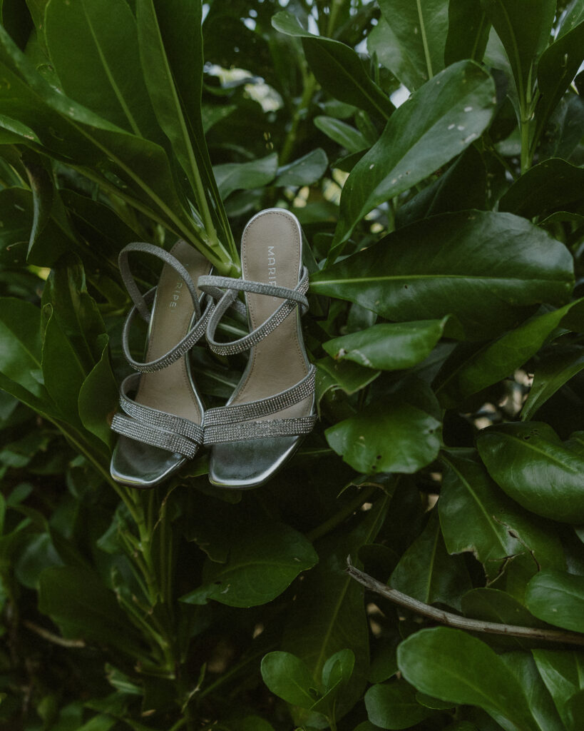 bridal shoes detail tropical greenery Cancun Mexico destination wedding