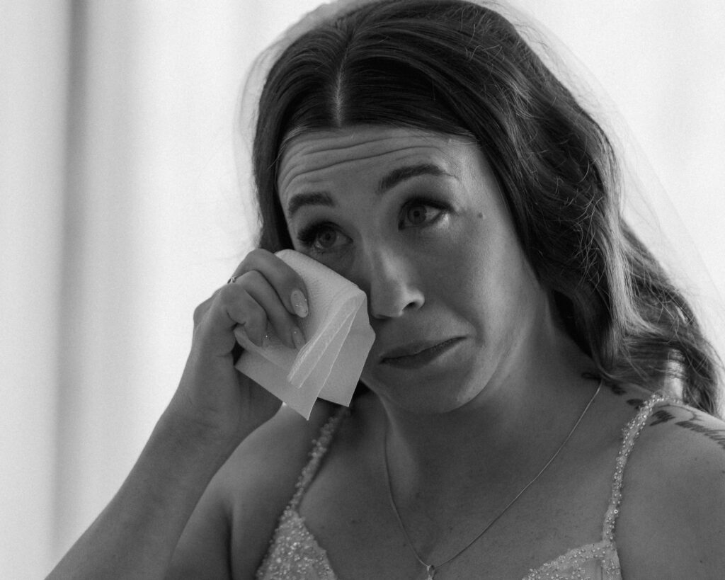 emotional bride tears getting ready candid wedding moment destination wedding Mexico