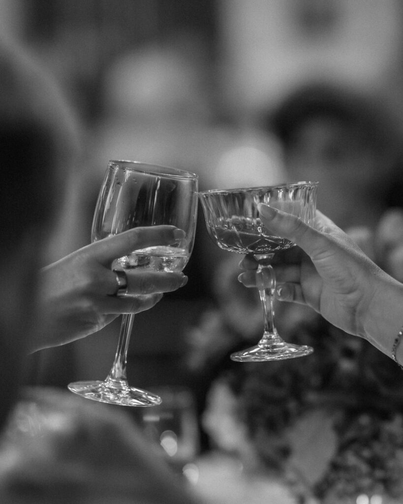 guests raising their drinks in celebration during the toasts at the reception