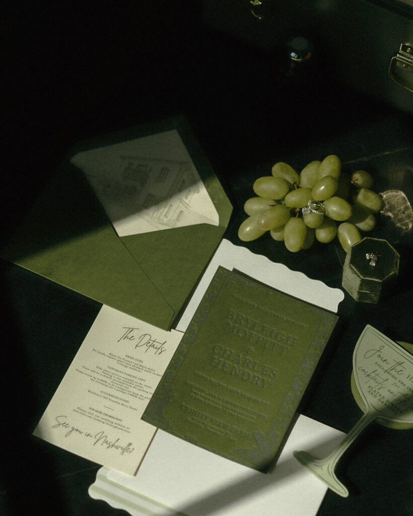 Wedding invitation suite and detail styling photographed for luxury Tennessee wedding