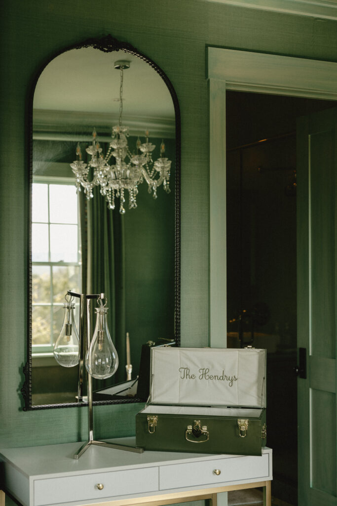 Elegant bridal suite interior with mirror and chandelier at Franklin Tennessee wedding venue