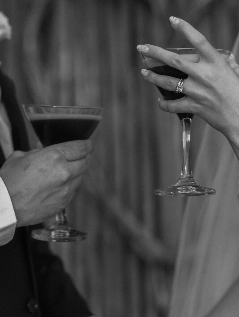 espresso martini close up wedding reception detail black and white luxury cocktail moment