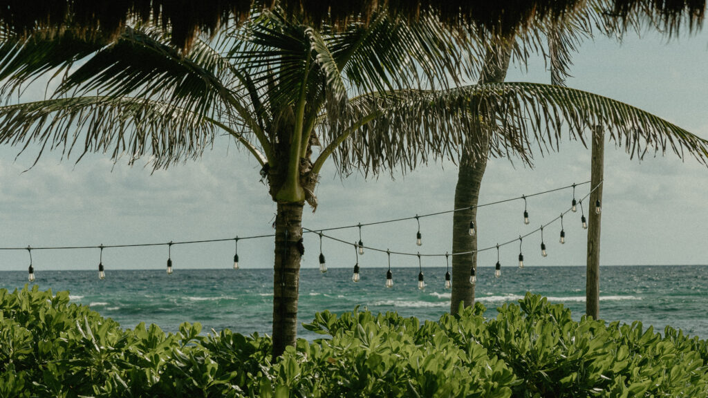 beach string lights ocean view Cancun Mexico destination wedding venue