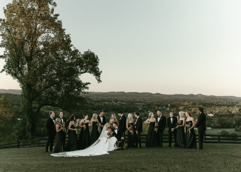 Full wedding party portrait overlooking scenic hills at Franklin Tennessee wedding venue