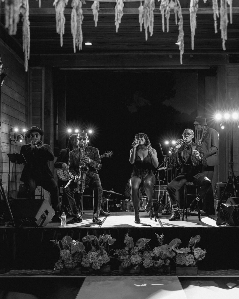 Live band performing during wedding reception at Trinity View Farm in Franklin TN