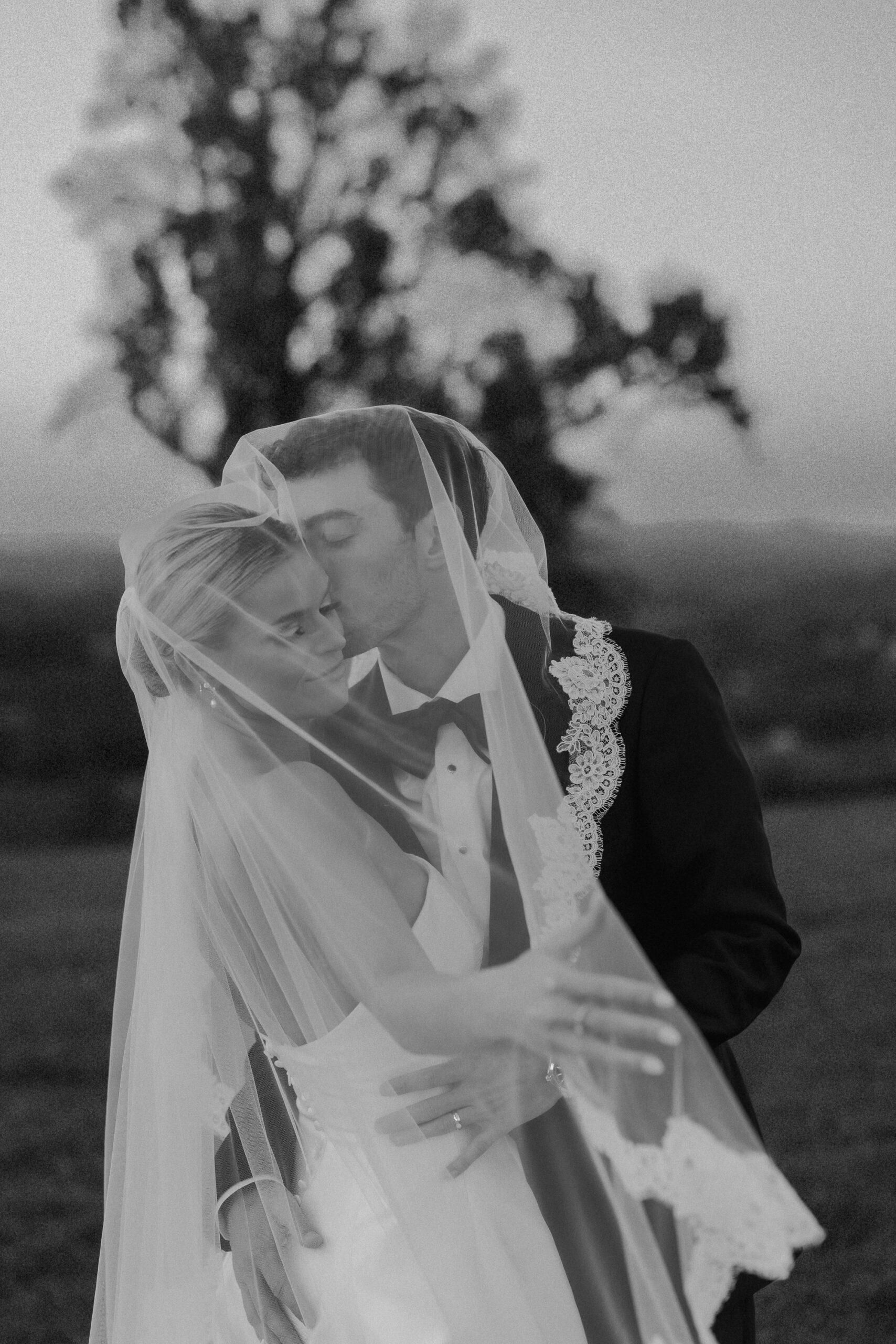 groom kissing bride underneath her veil after wedding ceremony at trinity view farms