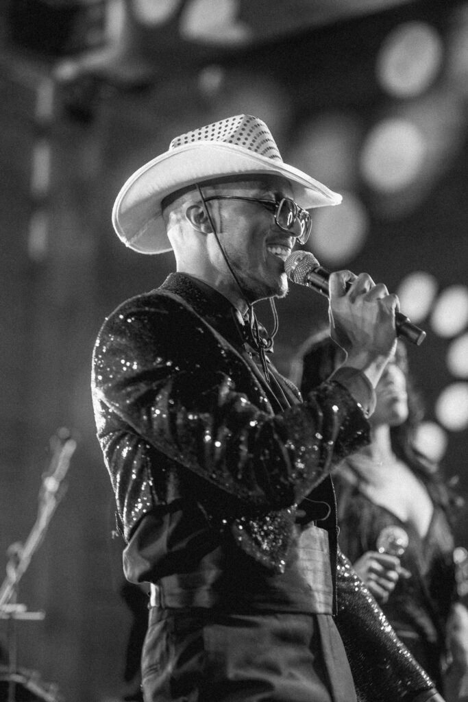 Live band singer performing during wedding reception at Franklin Tennessee wedding venue