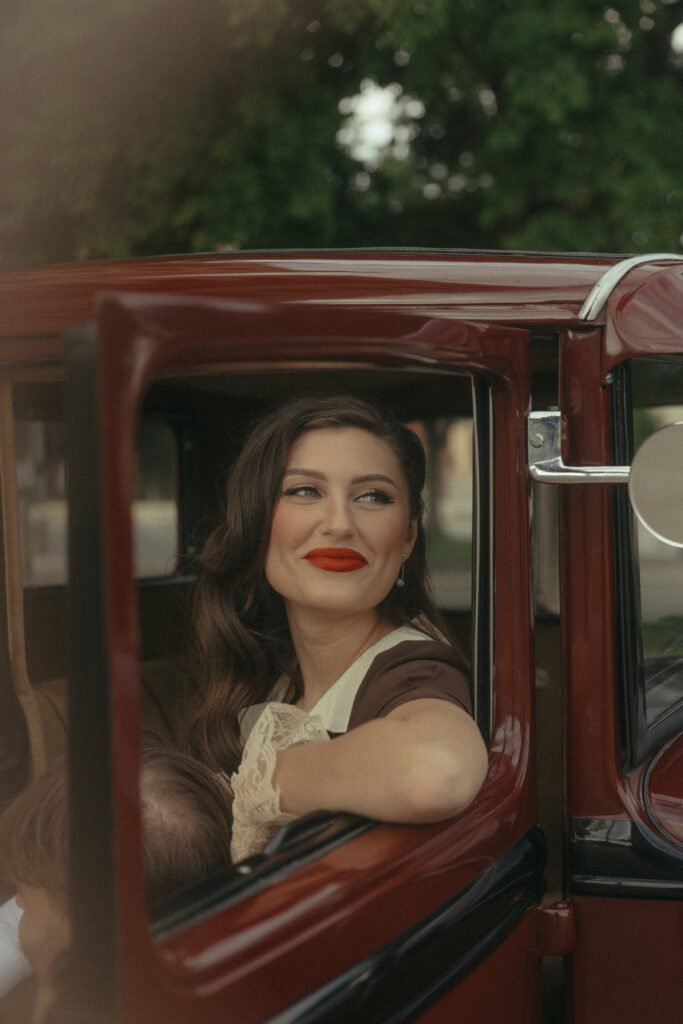 cinematic portrait woman in vintage car Amarillo Texas engagement session