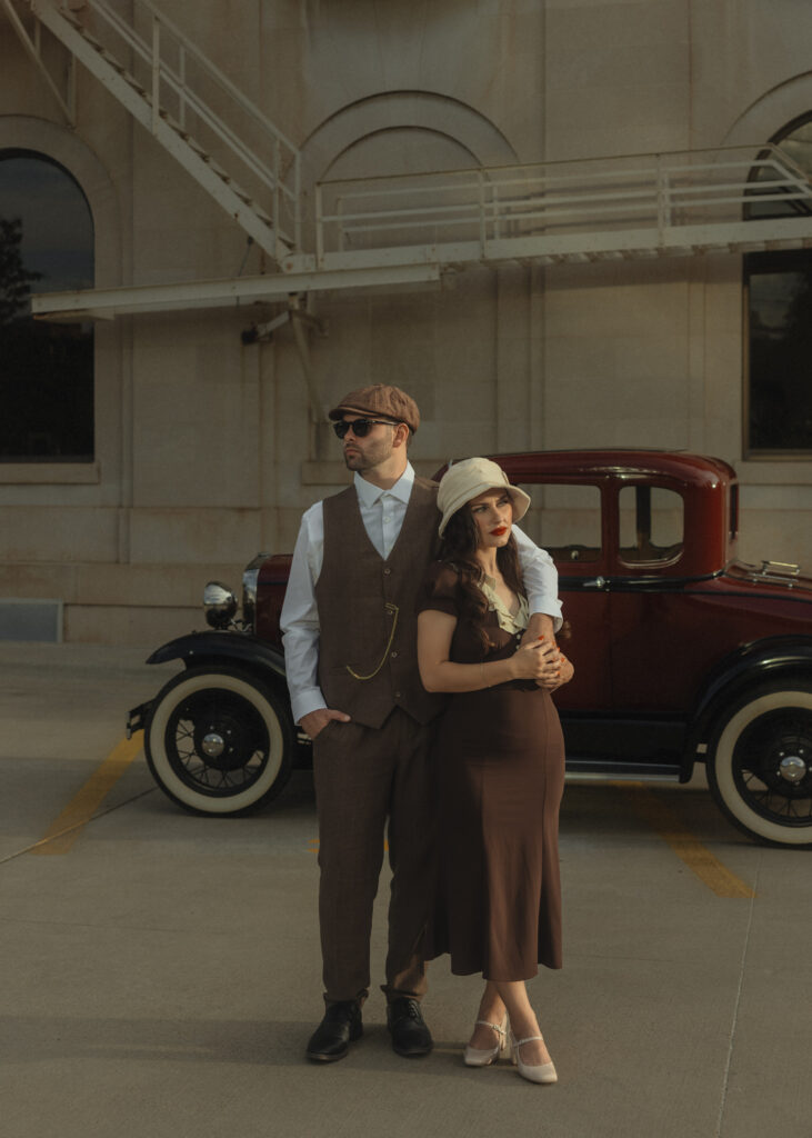 vintage couples photos with classic car Amarillo Texas cinematic engagement photography