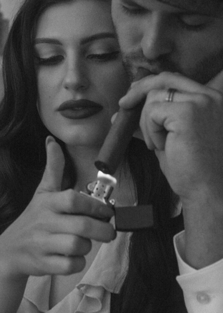 dramatic cinematic engagement photo lighting cigar vintage style Texas couples session