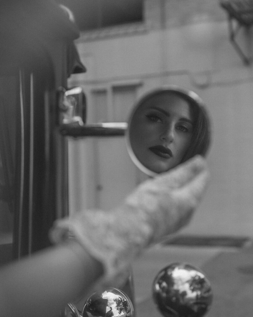 black and white vintage inspired engagement photo reflection mirror Amarillo Texas photographer