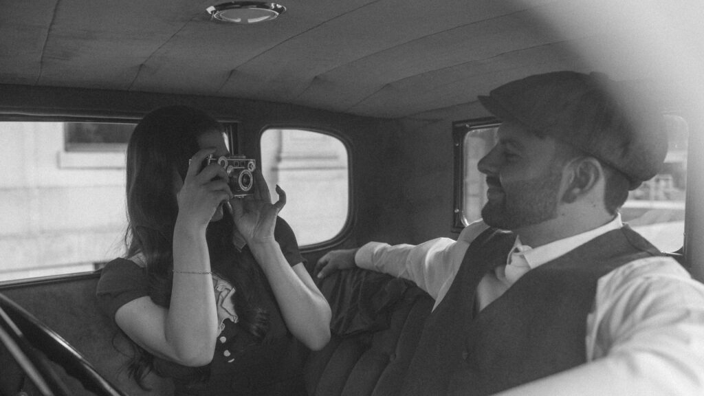 cinematic engagement session inside vintage car Amarillo Texas candid couples photography