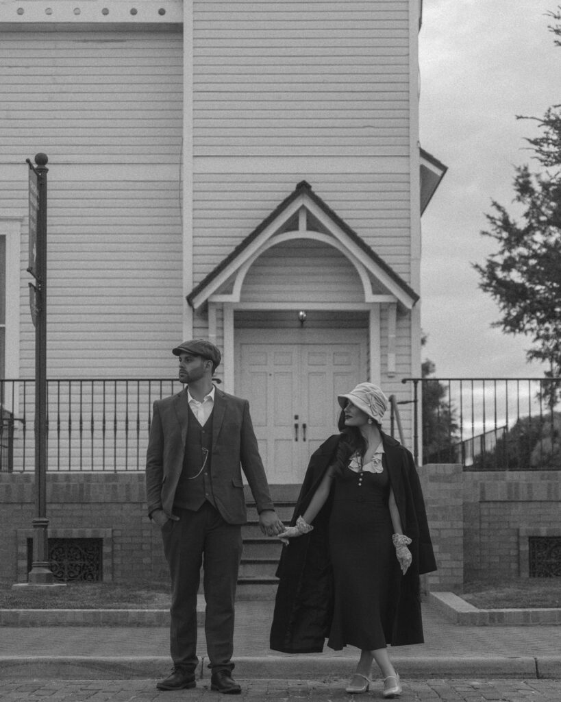 Peaky Blinders inspired couples session Amarillo Texas walking in front of vintage church downtown