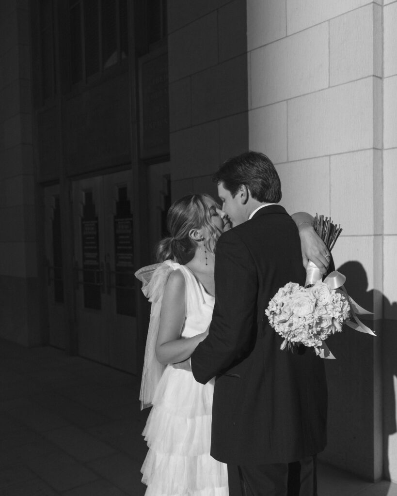 romantic newlywed portrait texas courthouse elopement black and white